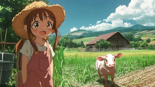 Anime Farm Scene with a Young Girl and Calf