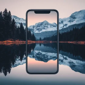 Phone Displaying Mountain Lake Scenery