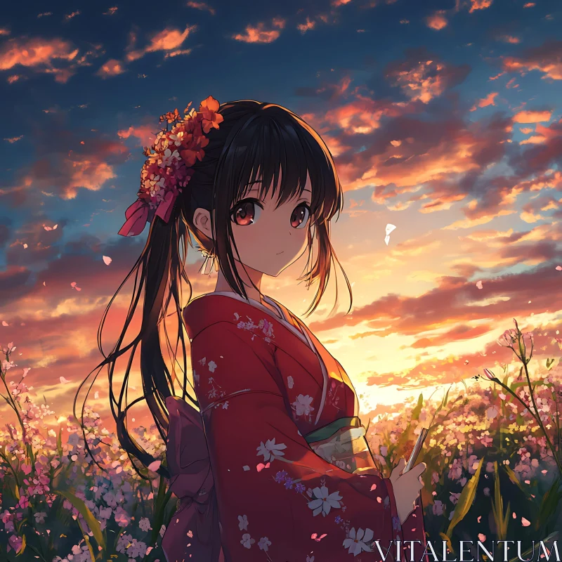 Sunset Flower Field and Anime Girl in Kimono AI Image