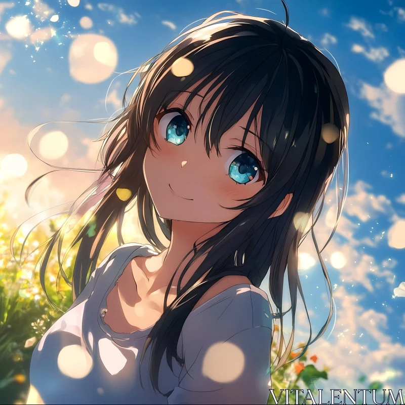 Sunset Anime Girl with Floral Background AI Image