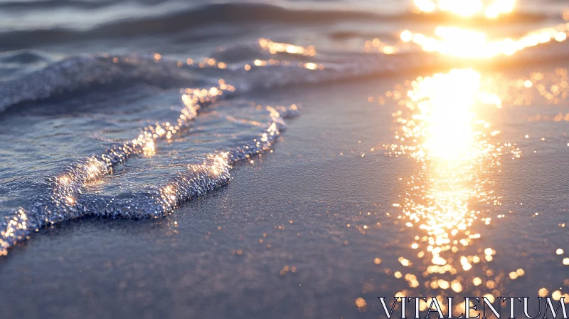 Sunset Waves Sparkling on the Shoreline AI Image