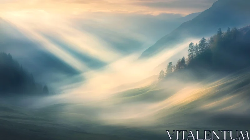 AI ART Sunlight Rays Through Mist in a Tranquil Valley