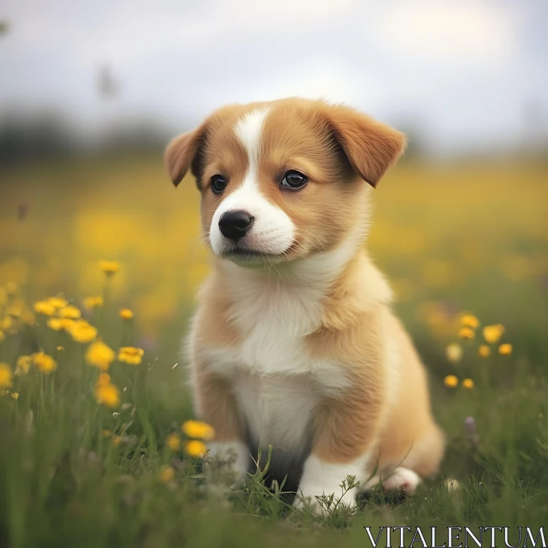 Cute Puppy in a Meadow of Yellow Flowers AI Image