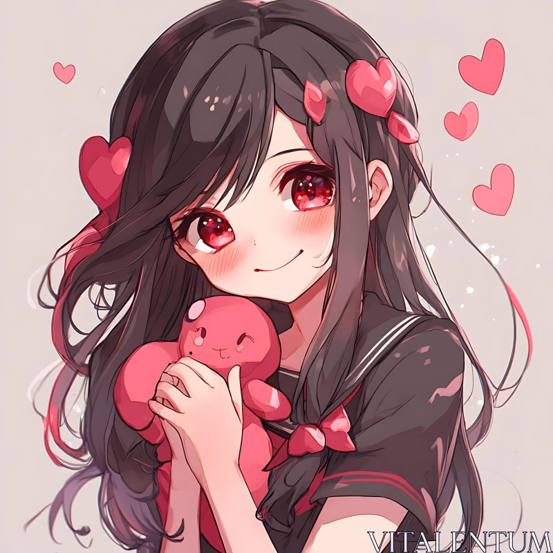 Cute Anime Character With Plush Toy and Hearts AI Image