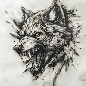 Monochrome Wolf Portrait with Feathers