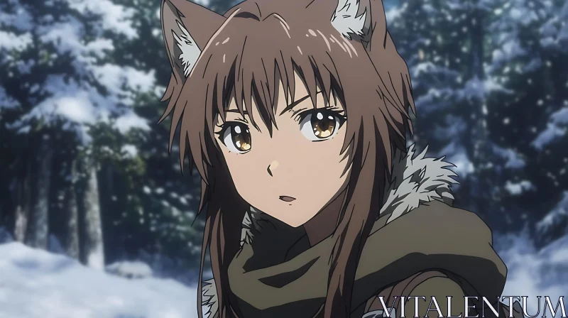 Wolf-Eared Anime Character in Snowy Forest AI Image