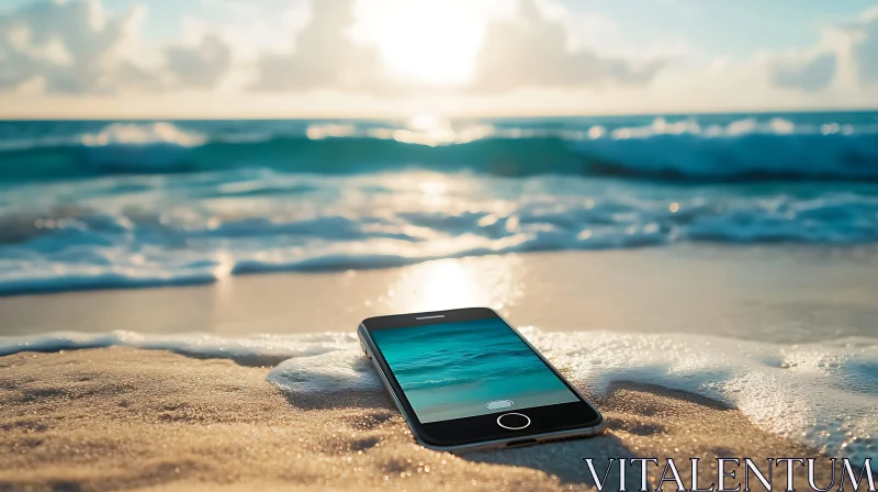 Beach Serenity: Smartphone by the Ocean AI Image