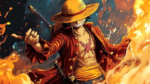 Flaming Anime Warrior with Straw Hat