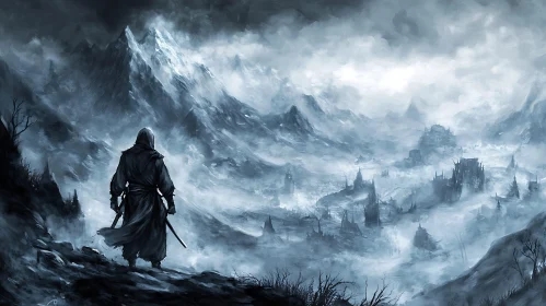 Lone Warrior Amidst Foggy Peaks