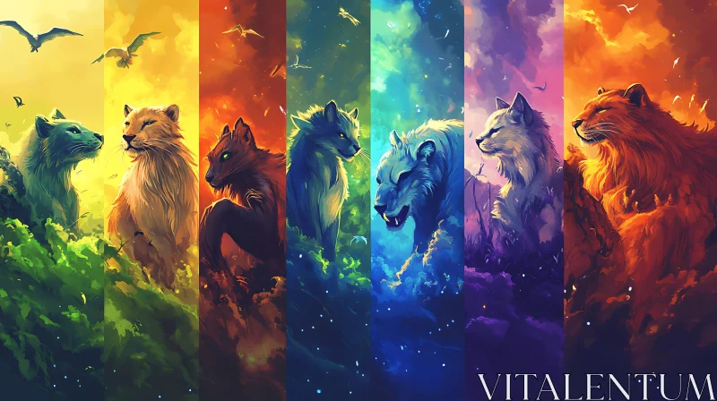 Rainbow Lions: A Spectrum of Big Cats AI Image