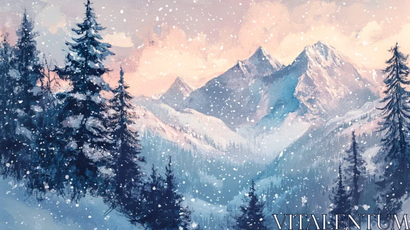 Winter Mountain Scenery with Snowfall AI Image