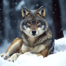 Snowy Wolf Resting in Winter Forest