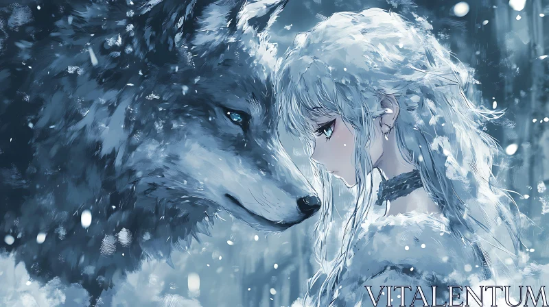 AI ART Blue Tones Anime Girl with Wolf