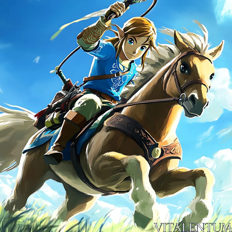 Fantasy Hero on Horseback in Meadows AI Image