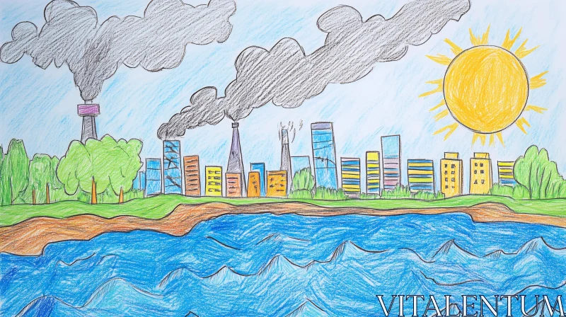 AI ART City Pollution Drawing with Sun and Water