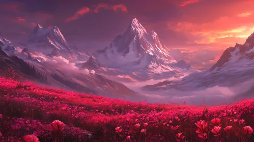 Snowy Peaks and Floral Meadow at Dusk