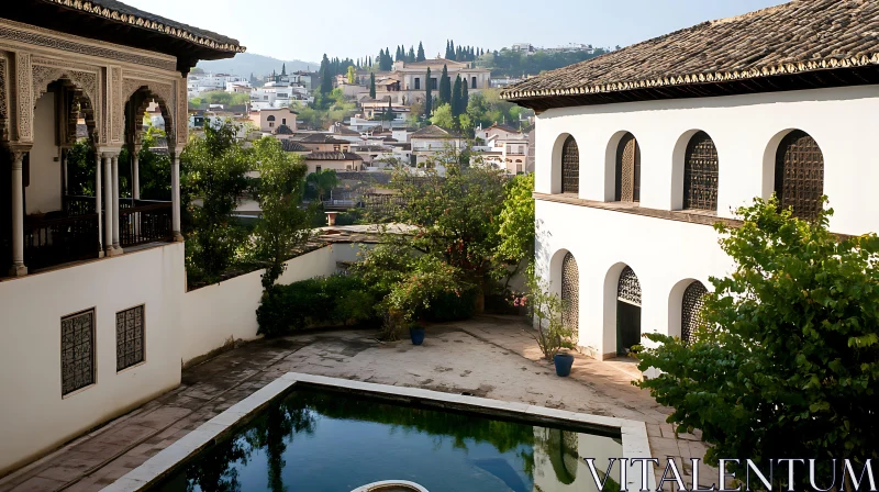 Historic Mediterranean Courtyard with Reflective Pool AI Image