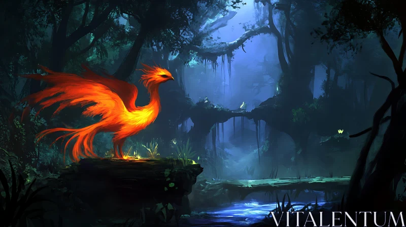 AI ART Firebird in Dark Enchanted Forest