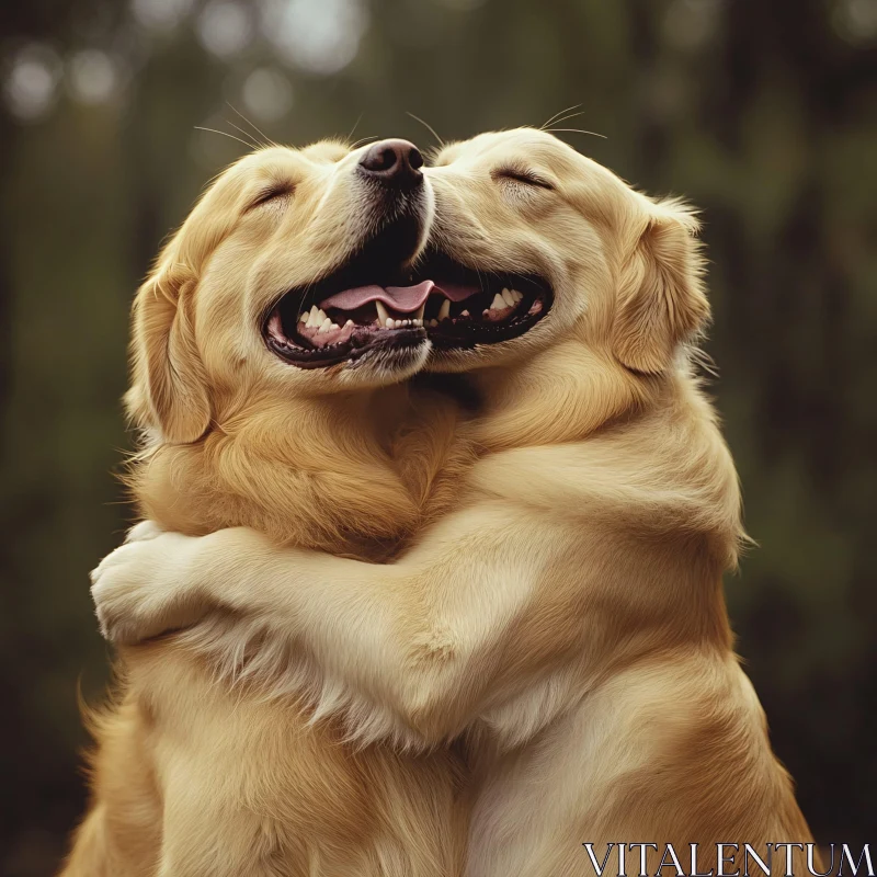 Golden Retrievers Hugging in a Tranquil Forest Setting AI Image