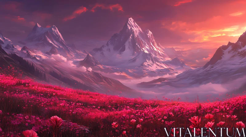 AI ART Snowy Peaks and Floral Meadow at Dusk