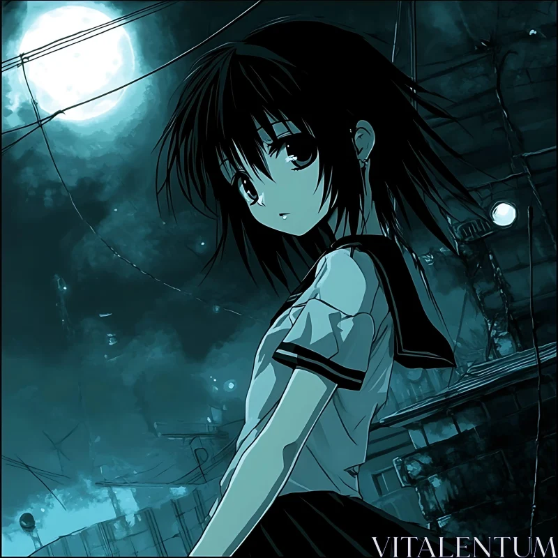 Moonlit Anime Girl in Urban Landscape AI Image