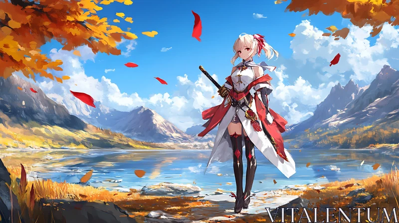 Young Anime Warrior in Autumn Landscape AI Image