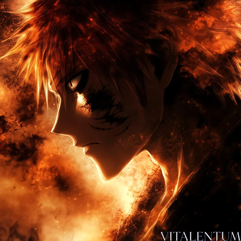 Dramatic Anime Profile in Fire AI Image