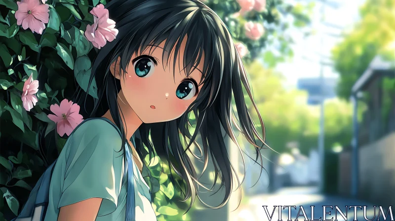 AI ART Anime Girl with Pink Flowers on Sunlit Street