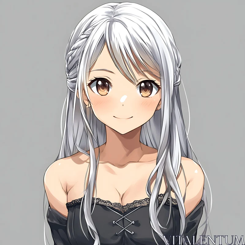 White-Haired Anime Girl in Elegant Black Dress AI Image