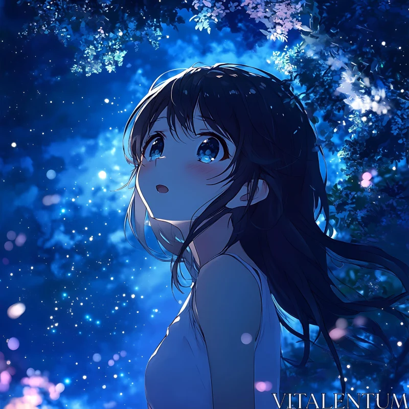 Starry Night and Surprised Anime Girl AI Image