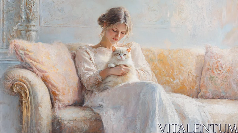 AI ART Serene Woman Holding Cat in Elegant Living Room