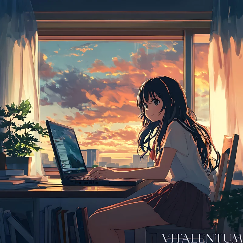 Evening Study Session in Anime Style AI Image