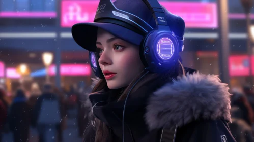 Fashion Model in Headphones: Hyper-Realistic Sci-Fi City Street Scene