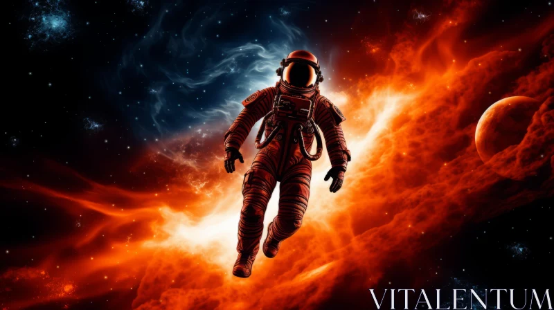 Galaxy Explorer: Astronaut in Orange Spacesuit Amidst Nebula AI Image