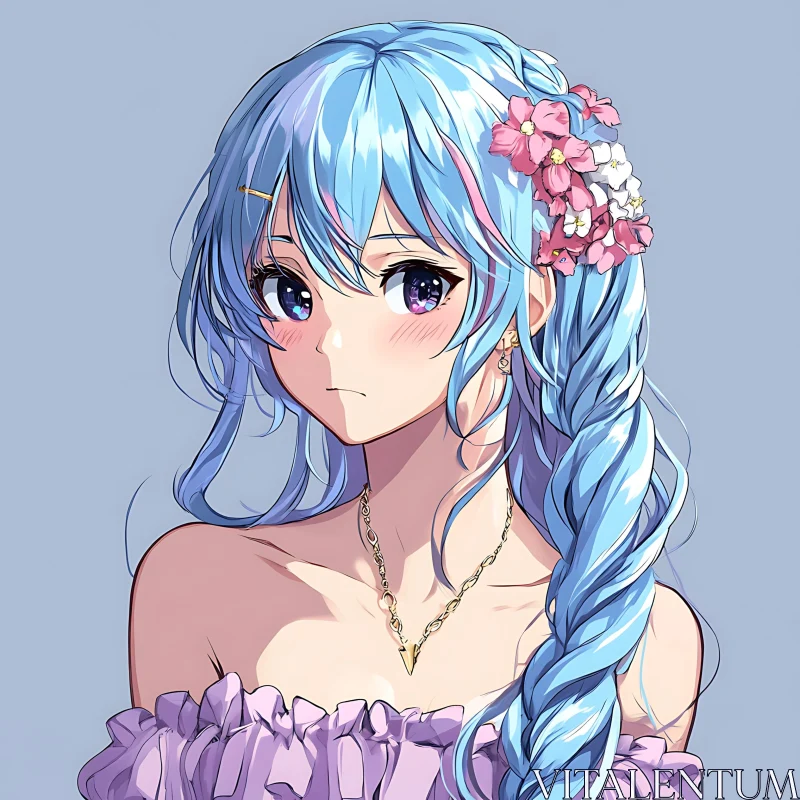 Floral Braid Blue-Haired Anime Girl AI Image