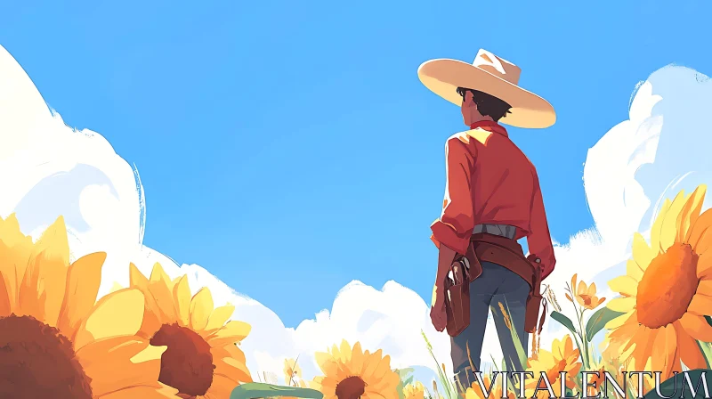 Sunflower Field with Cowboy Figure and Clear Sky AI Image