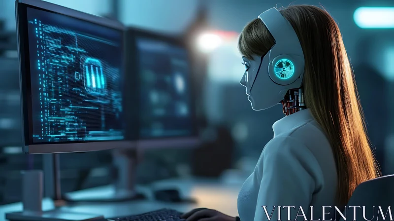 Futuristic Cyborg in Tech Environment AI Image