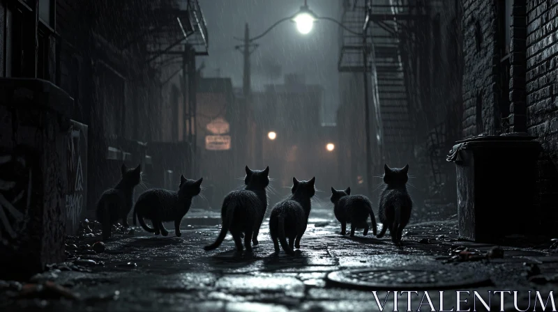 AI ART Cats Roaming a Dark Urban Alley at Night