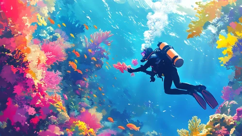 Colorful Coral Reef with Scuba Diver