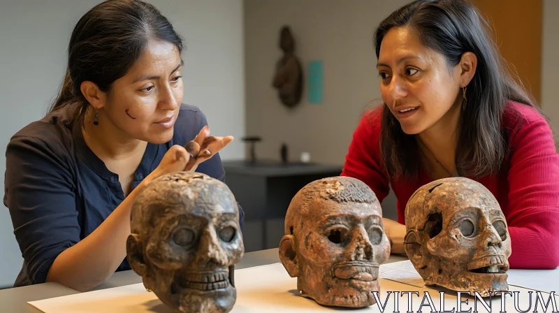 Women Inspecting Archaeological Stone Sculptures AI Image