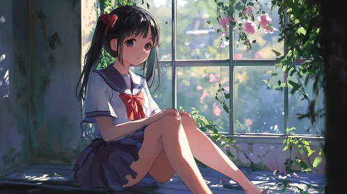 Thoughtful Anime Girl in Nature-Themed Setting