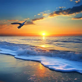 Sunset Over the Sea with Seagull