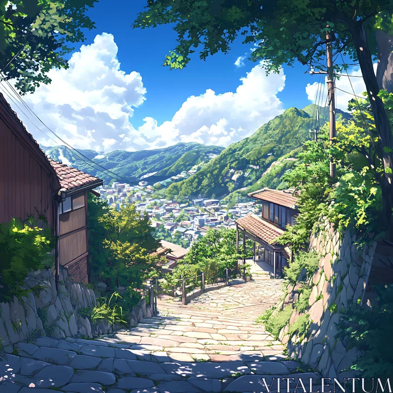 Quaint Mountain Village with Lush Greenery and Clear Sky AI Image