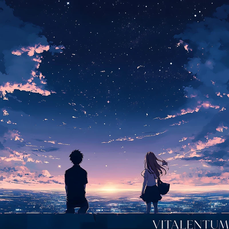 AI ART Anime Sunset Silhouettes and Starry Landscape