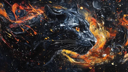 Panther in Cosmic Fire: Abstract Feline Artwork