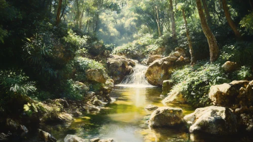 Tranquil Forest Stream with Cascading Waterfall