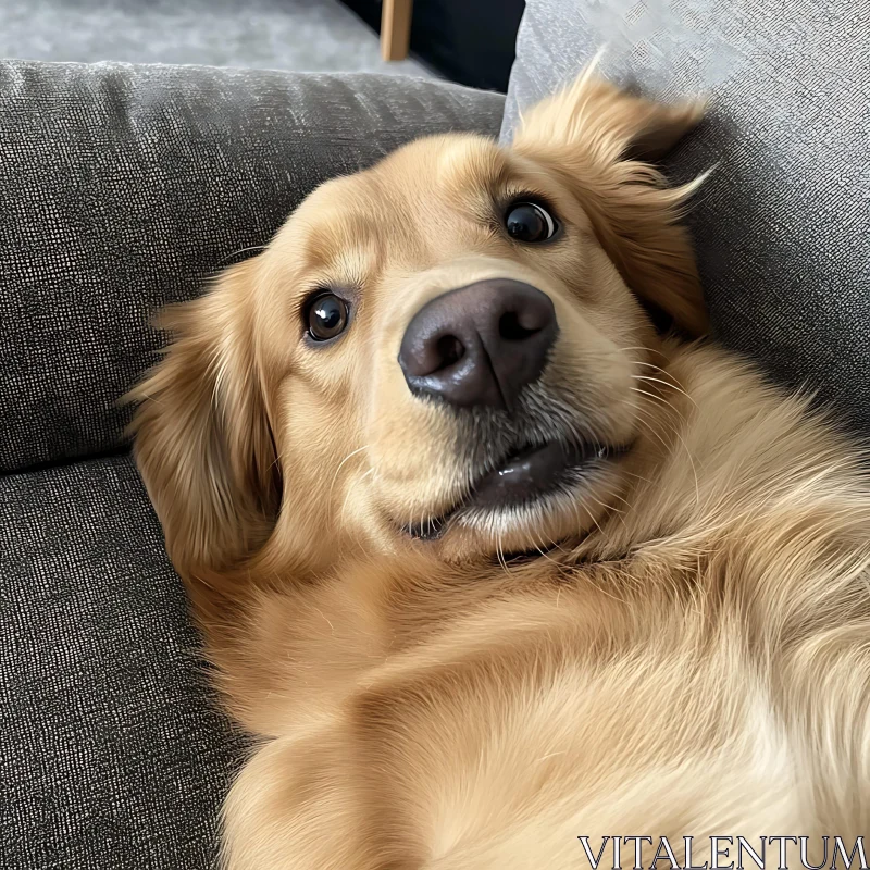 Relaxed Golden Retriever Lying on a Couch AI Image