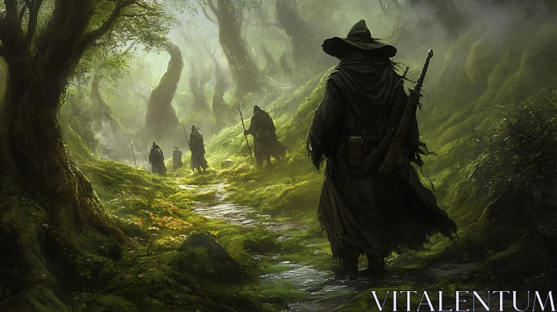 Misty Forest Walk: Cloaked Wanderer AI Image