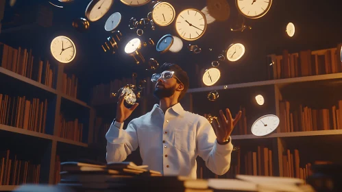 Man with Clocks in Library