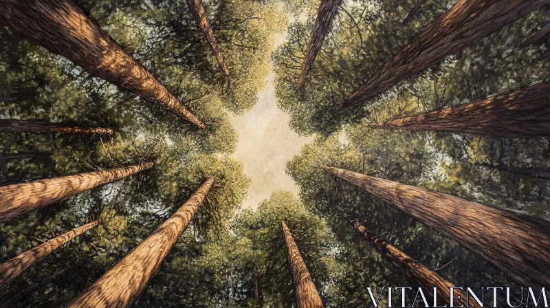 Sunlit Forest Canopy and Towering Trees Perspective AI Image